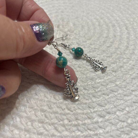 Nature GREEN SEA SEDIMENT JASPER & CRYSTAL Silver TREE Handmade Earrings #201D - Picture 2 of 3
